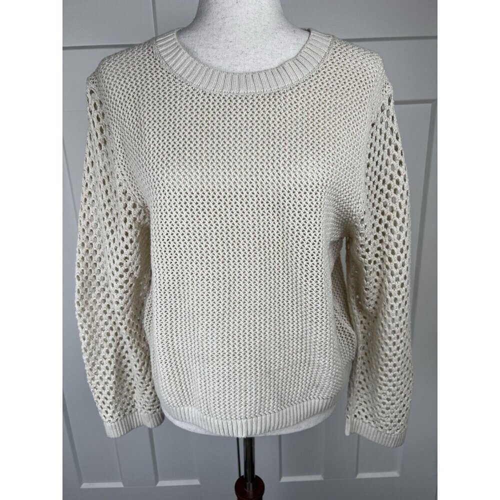 J. Crew Crochet Crewneck Beach Sweater Taupe Size Large Easy Relaxed Resort